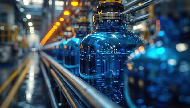 Industrial production line featuring blue liquid filled vessels in factory photo