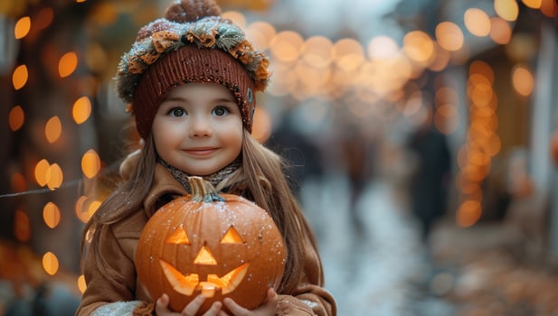 Girl holding halloween pumpkin jack o lantern with bokeh lights photo
