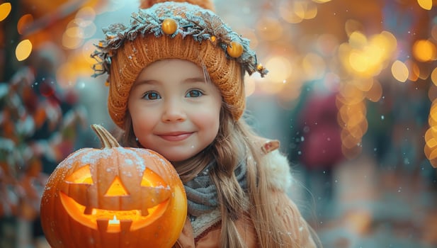 Child portrait with illuminated pumpkin festive autumn celebration photo