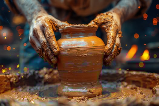 Clay pot shaping on pottery wheel craft production photo