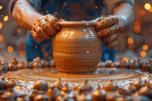 Pottery formation on spinning wheel crafting clay object photo