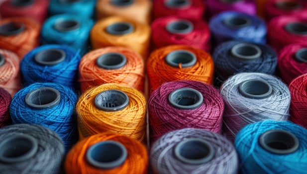 Colorful thread spools pattern for sewing and crafts background texture photo