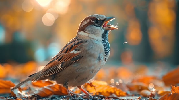 House sparrow among autumn leaves bird in natural habitat wildlife scene photo