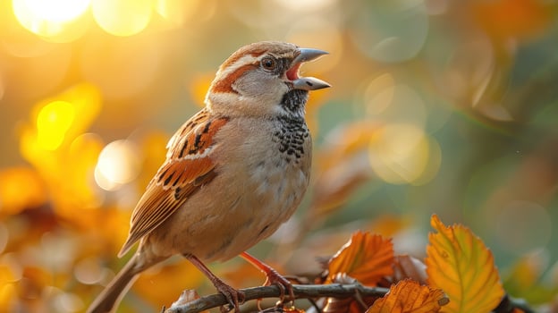Singing sparrow bird perched on branch in golden sunlight autumn wildlife photo