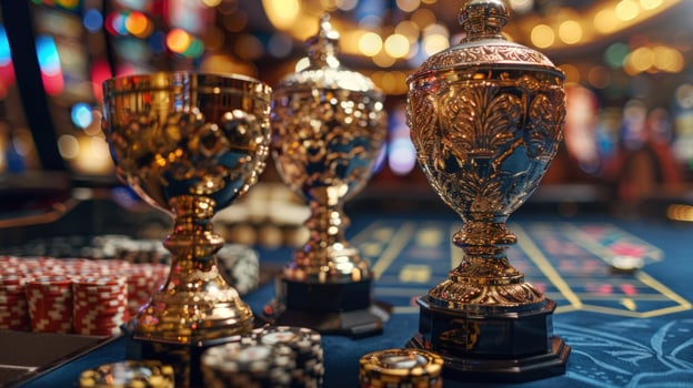 Golden trophies and casino chips awarding success in games of chance photo