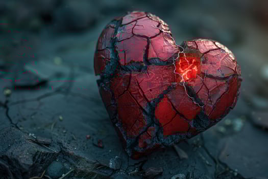 Cracked heart with inner light symbolizing emotional pain and vulnerability photo