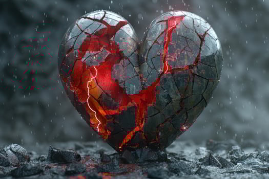 Cracked stone heart with red light photo