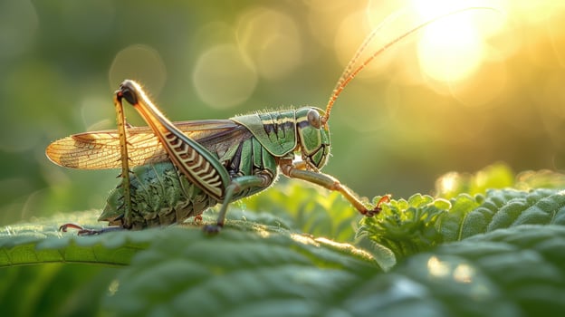 Green grasshopper resting on a leaf illuminated by sunlight natural environment photo