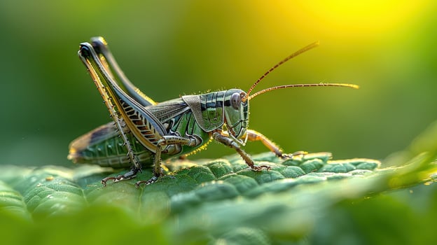Grasshopper on green leaf macro photography photo