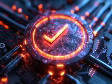 Digital validation check mark icon glowing on futuristic circuit board photo