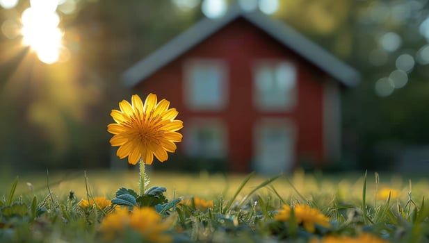 Yellow flower field with building on sunny day photo