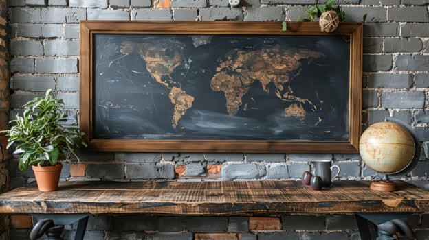 Framed world map with globe on rustic desk against brick wall photo