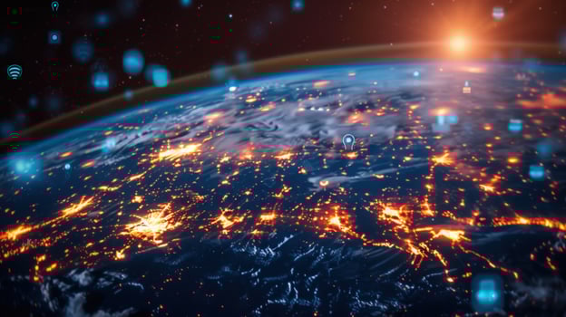Global network concept earth at night with city lights and data nodes photo