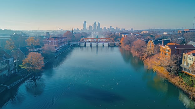 City skyline reflection in calm river water with connecting bridge photo