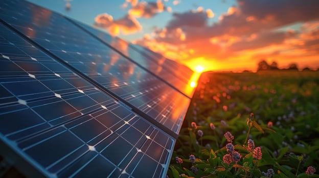 Solar panel array in field at sunset renewable energy production photo