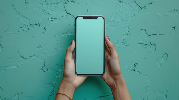 Mobile phone in hand on textured background for tech advertisement minimalist studio shot photo