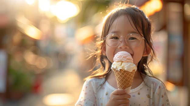 Child enjoying sweet ice cream cone on a sunny day photo