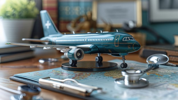 Model airplane with stethoscope and world map on desk for medical tourism concept photo