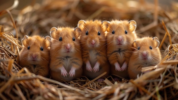 Golden hamster group nestled in straw pet rodent close portrait photo