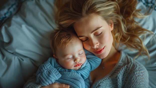 Mother and baby sleeping peacefully together in gentle embrace photo