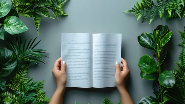Book reading surrounded by green foliage nature and literature concept photo