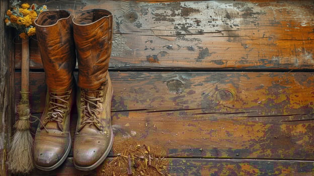 Aged leather boots and broom against rustic wood background texture photo
