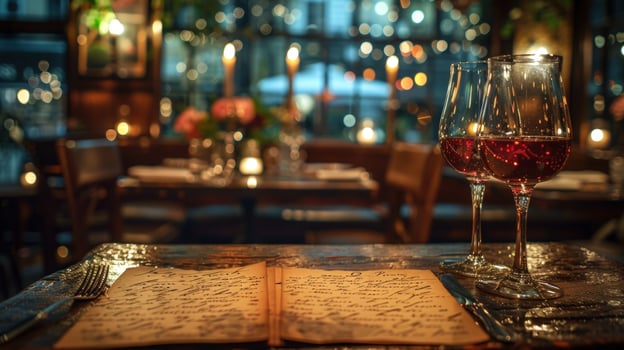 Elegant wine glasses on table with menu restaurant fine dining photo