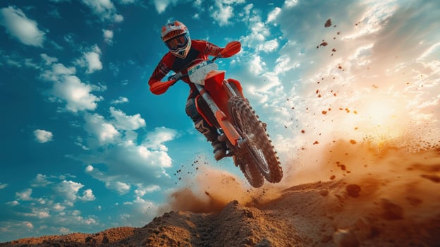 Motocross dirt bike rider jumping against sky at sunset photo