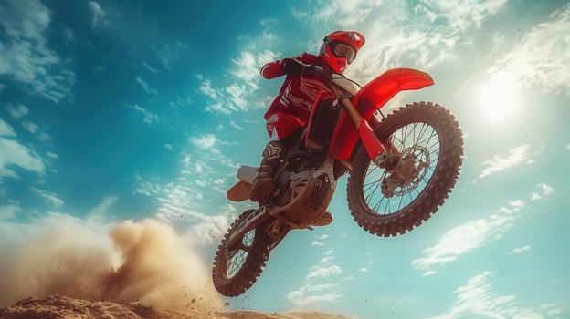 Motocross rider perform jump with motorbike on blue sky outdoor adventure and extreme sports photo