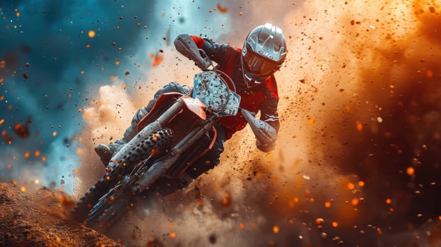 Motocross dirt bike rider in action kicking up dust photo