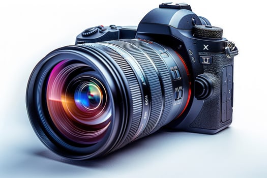 Modern black digital slr camera with optical lens for professional photography photo