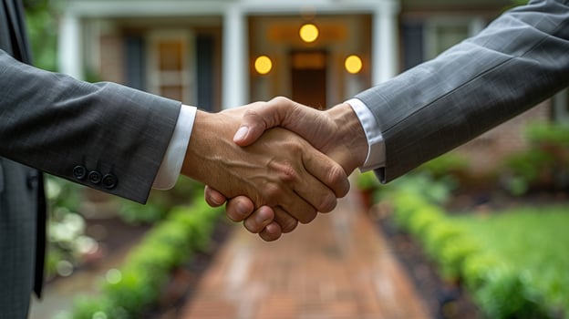 Business handshake deal partnership agreement in real estate setting photo