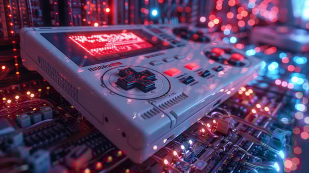 Retro portable game console on electronic circuitry photo