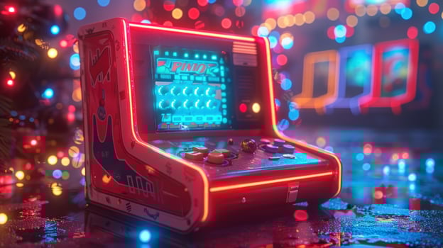 Retro arcade game machine glowing with neon lights for vintage entertainment photo