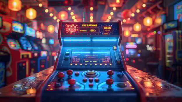 Retro arcade game machine with neon lights and joysticks for vintage gaming entertainment photo