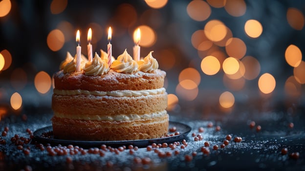 Celebratory layer cake with candles and festive lighting for special occasions photo