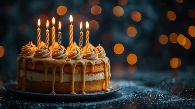 Celebration cake with lit candles against bokeh background photo