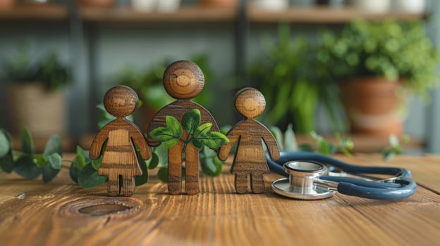Family medicine concept with wooden figures and stethoscope symbolizing healthcare and wellness photo