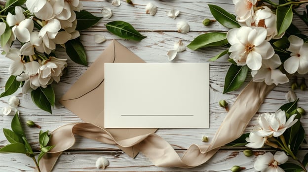 Elegant floral arrangement with blank card on wooden surface photo