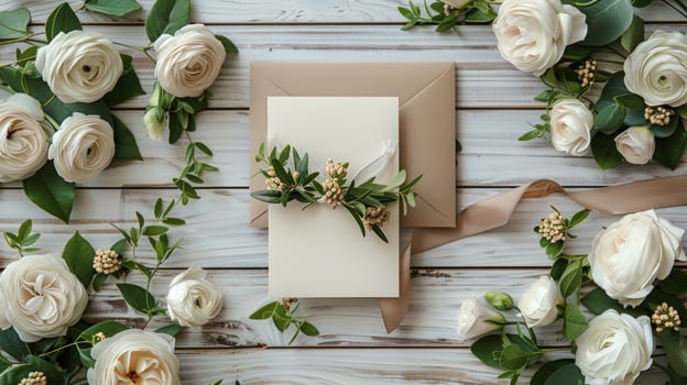 Blank invitation card with roses envelope and ribbon on white wood background overhead photo