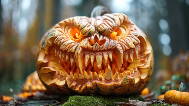Carved halloween pumpkin with spooky face and glowing eyes in outdoor setting photo