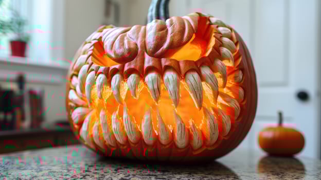 Halloween pumpkin carving with spooky monster face and teeth photo