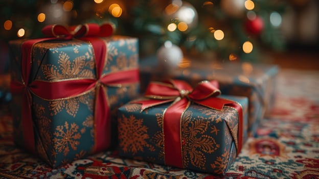 Wrapped gifts with golden snowflakes and red ribbons on holiday background photo