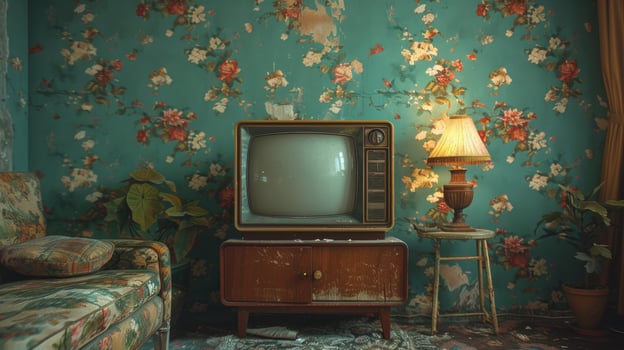 Vintage television set in a floral room interior nostalgic design photo