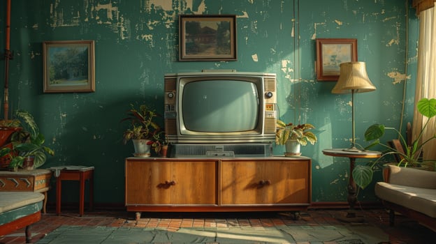 Vintage television and retro interior with textured wall photo
