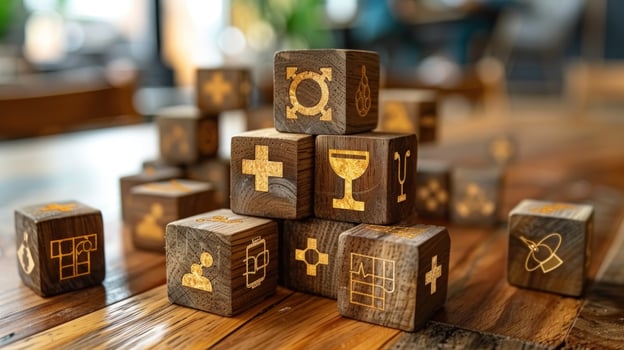 Wooden blocks with symbols stacked on wood surface business strategy concept photo