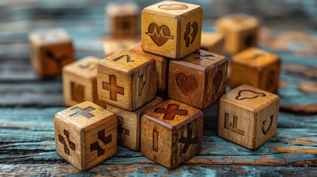 Health concept with wooden blocks featuring heartbeat brain and plus signs on blue wood photo