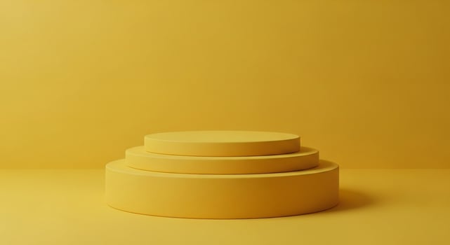 A minimalist yellow background with three stacked circular platforms creating a simple stage photo