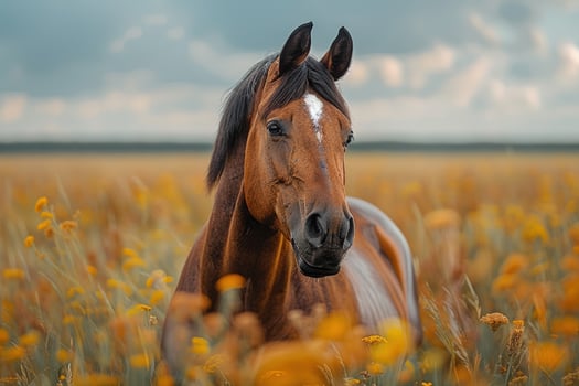 Brown horse portrait in golden flower field equine animal in meadow landscape photo