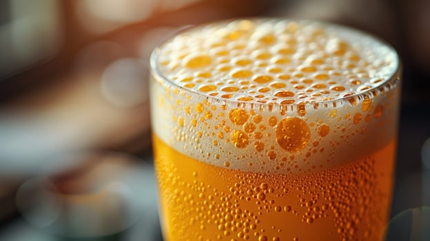 Refreshing beer glass close up with frothy foam bubbles in golden amber colors photo